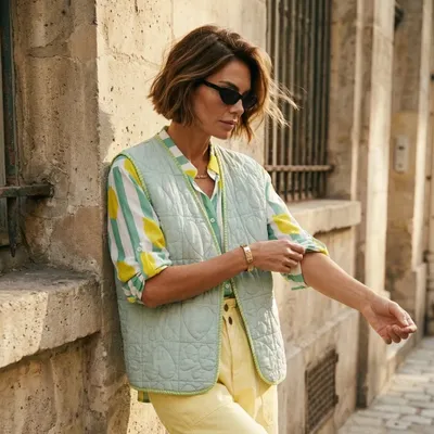 Gilet boléro sans manche vert pastel surpiqué 36/42 Aprilvintage 